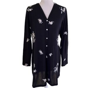 Fig Flower Black embroidered floral button down cardigan sweater size‎ large new